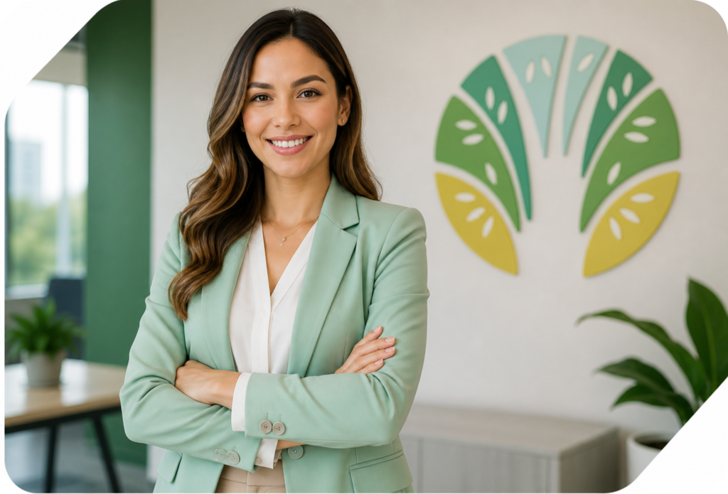 A woman in a light green blazer stands smiling with arms crossed in a modern office. Behind her is a colorful, leaf-shaped wall logo and green plants, creating a welcoming professional atmosphere.