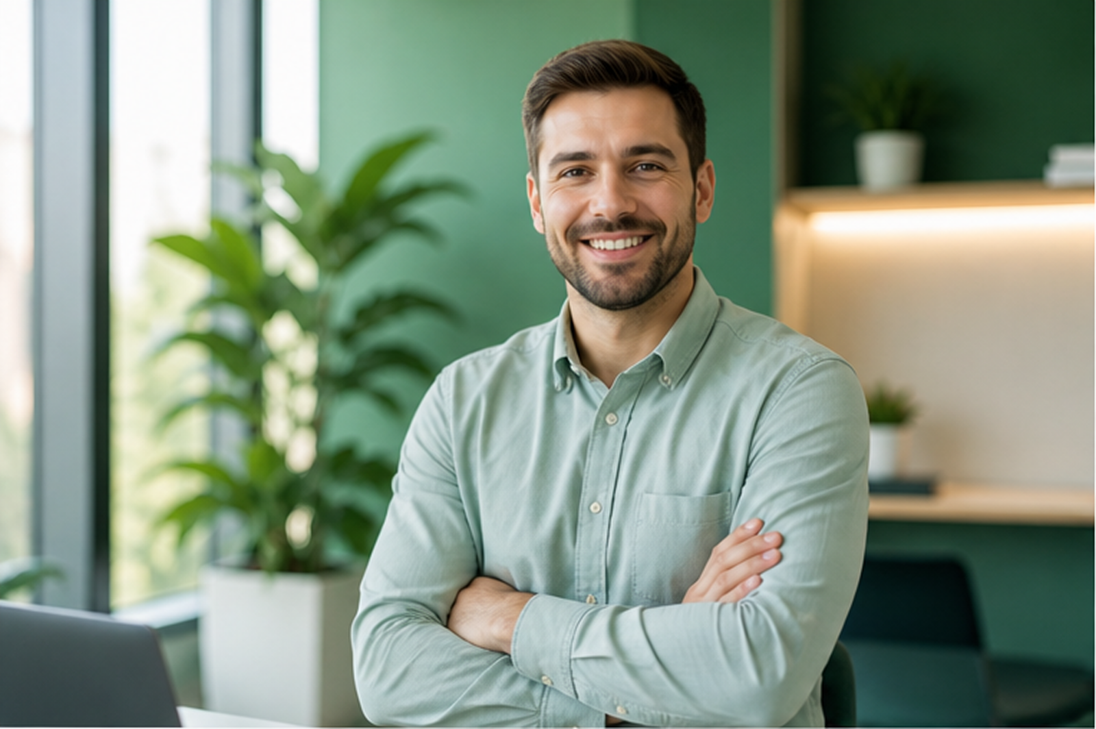 A man with a beard and short brown hair, wearing a light green shirt, smiles with arms crossed in a modern office with green walls, plants, and shelves in the background.