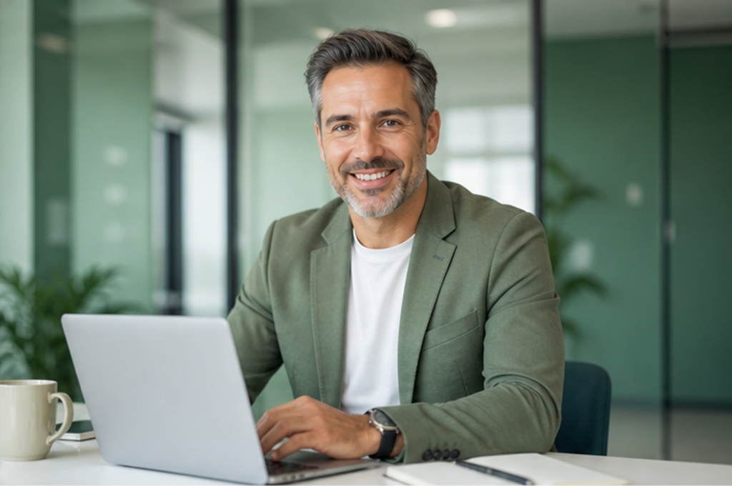 A smiling man with gray hair and a beard sits at a desk using a laptop. He wears a green blazer over a white shirt. There is a coffee mug, pen, and notebook on the desk, with a glass-walled office background.