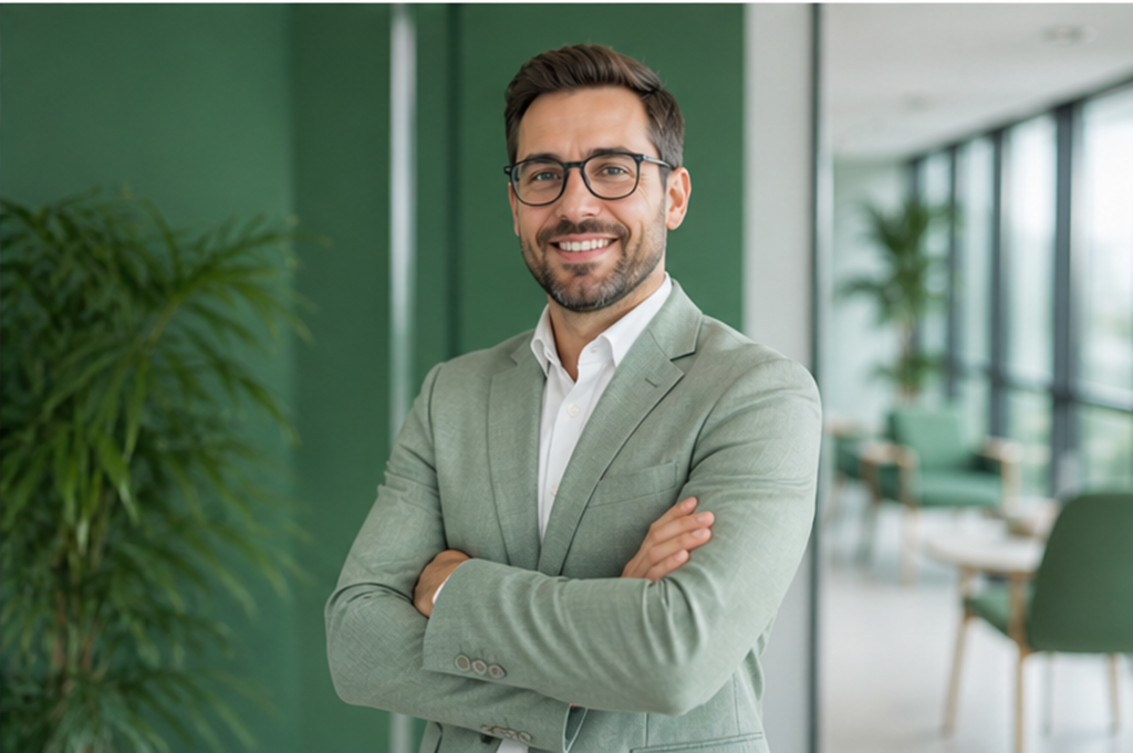 A man with dark hair, a beard, and glasses, wearing a light green suit and white shirt, stands smiling with arms crossed in a modern office with green walls and plants.