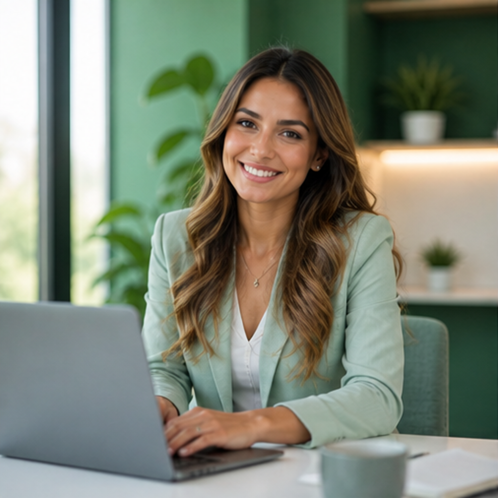 A woman with long wavy hair, wearing a light green blazer, sits at a desk with a laptop, smiling. She is in a modern office with green walls and potted plants in the background.