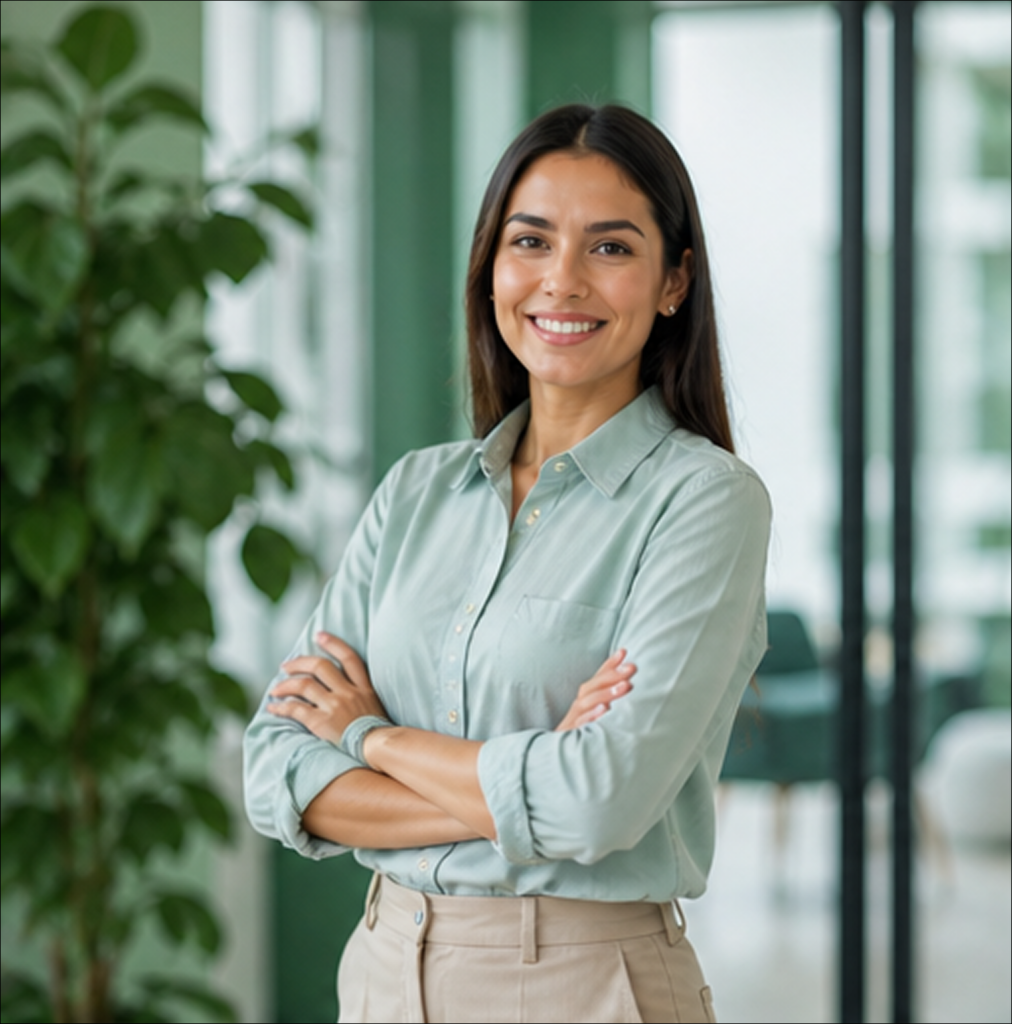 A woman with long dark hair, wearing a light green button-up shirt and beige pants, stands indoors with her arms crossed, smiling confidently. There is a large potted plant and glass doors in the background.