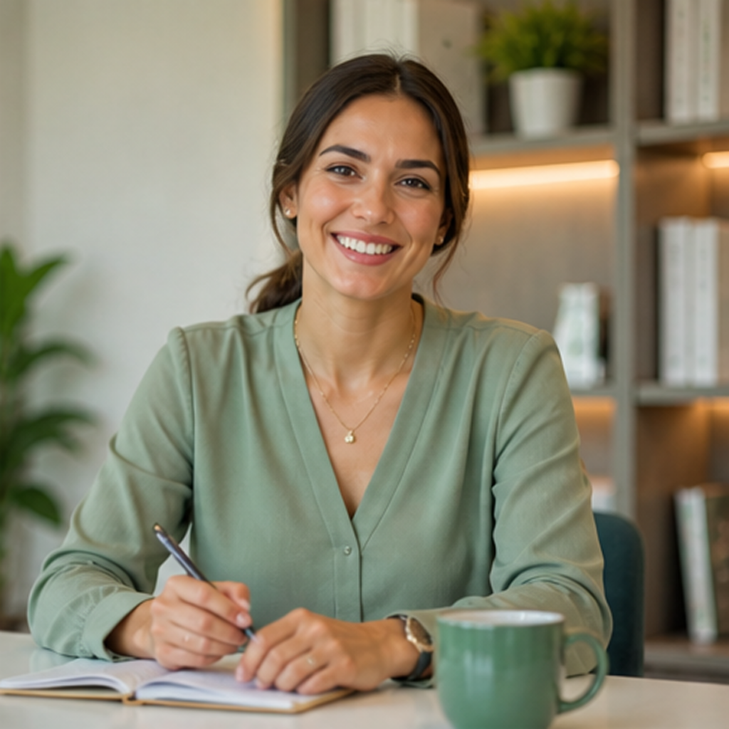 A woman with long brown hair, wearing a light green blouse, smiles while writing in a notebook at a desk with a green mug. Bookshelves and plants are visible in the cozy, well-lit background.