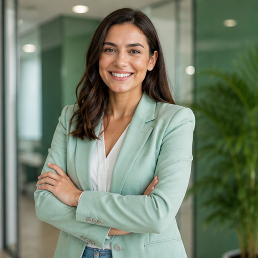 A woman with long brown hair, wearing a light green blazer and white blouse, stands smiling with arms crossed in a modern office with glass walls and a potted plant in the background.